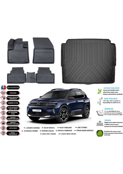 Citroen C5 Aircross 2022 Sonrası 3D Alt Bagaj Havuzu+3d Araca Özel Paspas Takımı Maximum Serisi
