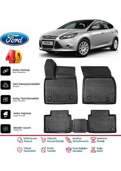 Ford Focus 3 Hatchback 2011-2014 4.5d Premium Havuzlu Siyah Paspas Takımı Kokusuz
