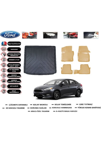 Ford Focus 3.5 Sedan 2018 Model Bagaj Havuzu(Paspası)+Araca Özel Bej Paspas Takımı Flex