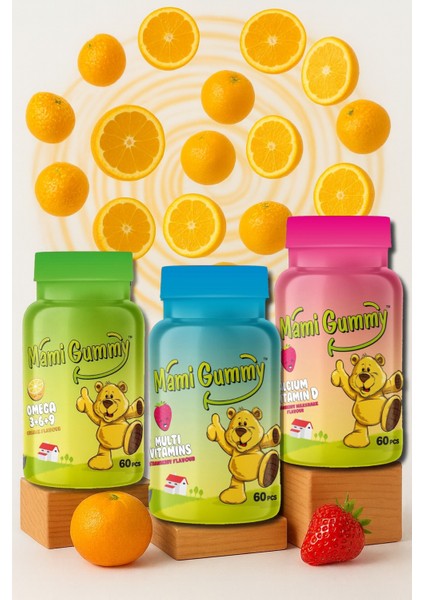 3'lü Set Multivitamin (Çilek) - Omega (3-6-9) (Portakal) - Kalsiyum & Vitamin D (Çilek)