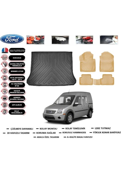 Ford Connect 2002 Model Cepli Bagaj Havuzu(Paspası)+Araca Özel Bej Paspas Takımı Flex