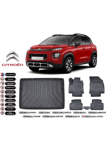 Citroen C3 Aircross 2018 Model Alt Kademe Bagaj Havuzu Araca Özel Siyah Extra Havuzlu Paspas Takımı