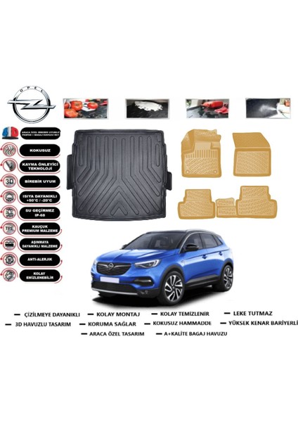 Opel Grandland 2022 Model Üst Bagaj Havuzu(Paspası)+Araca Özel Bej Paspas Takımı Flex
