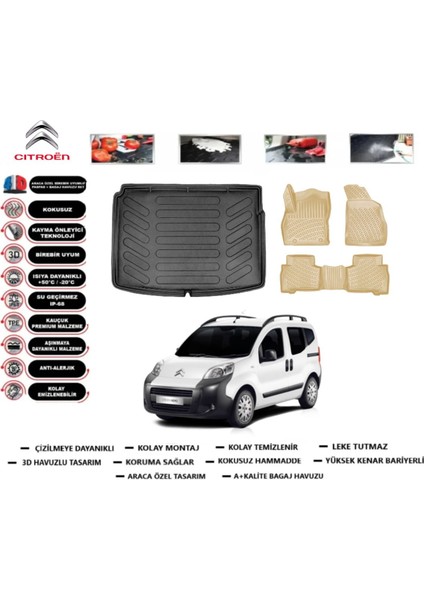 Citroen Nemo 2009 Model Bagaj Havuzu(Paspası)+Araca Özel Bej Paspas Takımı Flex