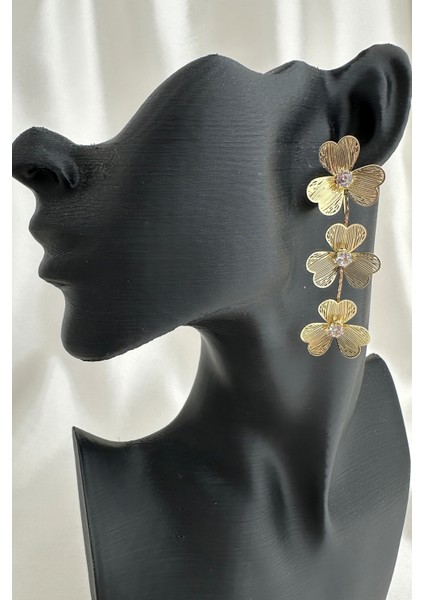 Tel Tek Taş Detay Yonca Sallantılı Çivi Küpe (6cm)