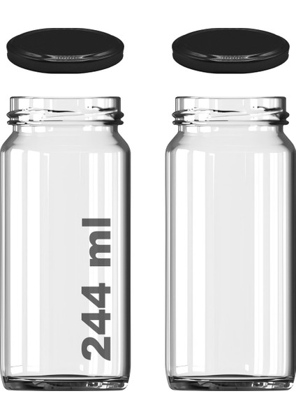 244 ml Kavanoz Metal Siyah Konserve Kapaklı 244 cc Şeffaf Uzun Cam Kavanoz 2 Adet