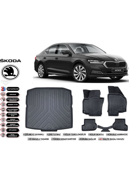 Skoda Octavia 2025 Model Bagaj Havuzu Araca Özel Siyah Extra Havuzlu Paspas Takımı
