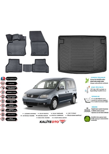 Volkswagen Caddy 2003-2010 Havuz 3D Bagaj Havuzu+3d Araca Özel Paspas Takımı Birebir Uyumlu