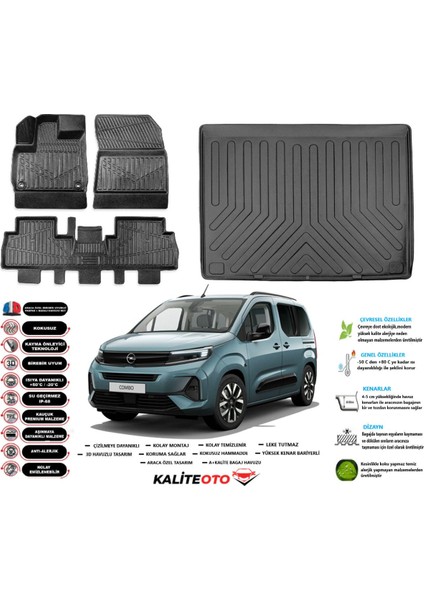 Opel Combo 2025 Model Esnek Bagaj Havuzu Araca Özel Siyah Paspas Takımı