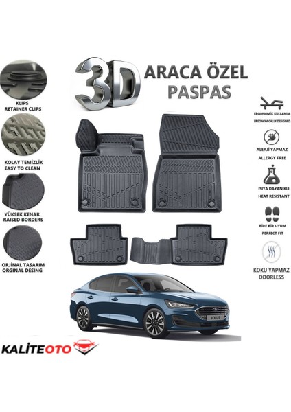 Ford Focus 5 Sedan 2024 Model Tam Uyumlu Kokusuz 3D Havuzlu Paspas