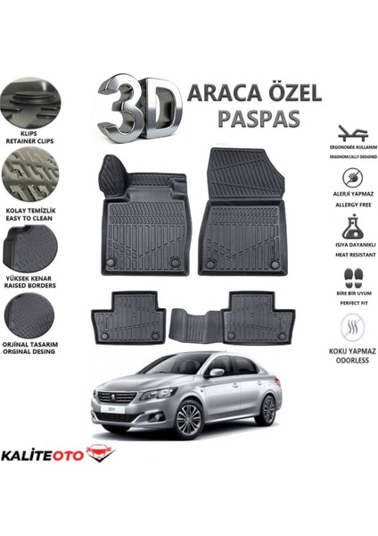 Peugeot 301 2017 Model Tam Uyumlu Kokusuz 3D Havuzlu Paspas