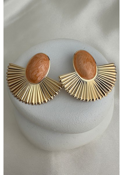 Altın Rengi Sedefli Mine Yelpaze Oval Taşlı Çivili Küpe (6cm*5cm) fiyatları