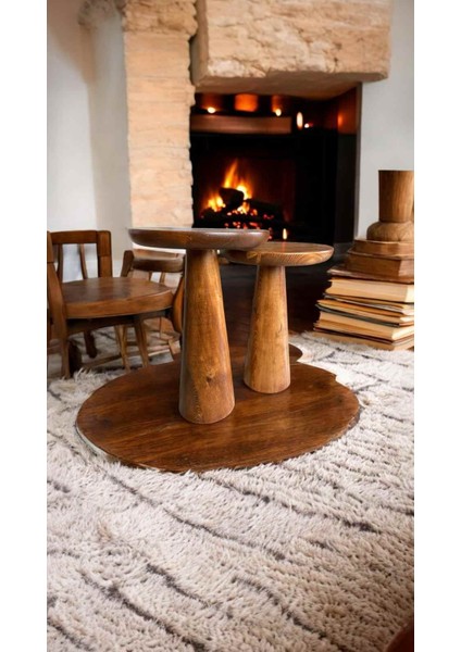 Masif Ahşap Açık Ceviz 2’li Yan Sehpa – Dekoratif Zigon Fiskos Takımı