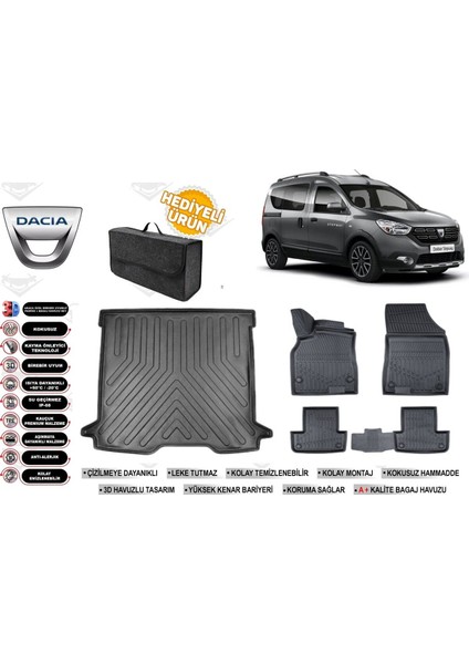 Dacia Dokker 2019 Model Bagaj Havuzu+4d Araca Özel Havuzlu Paspas Takımıı Rice