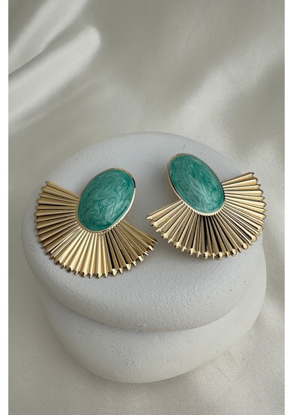 Altın Rengi Sedefli Mine Yelpaze Oval Taşlı Çivili Küpe (6cm*5cm) fiyatları