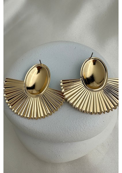 Altın Rengi Sedefli Mine Yelpaze Oval Taşlı Çivili Küpe (6cm*5cm) modelleri