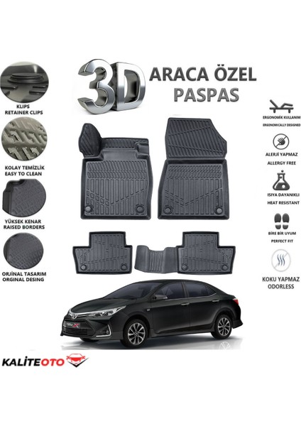 Toyota Corolla 2016 Model Tam Uyumlu Kokusuz 3D Havuzlu Paspas