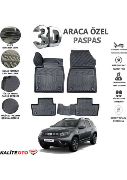 Dacia Duster 2023 Model Tam Uyumlu Kokusuz 3D Havuzlu Paspas