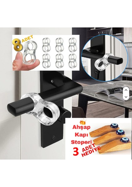 8 Adet Esnek, Sessiz ve Her Kapı Koluna Uyabilen Silikon Kapı Kolu Stoperi . 3 Adet Akşap Kapı Stoperi Hediyeli