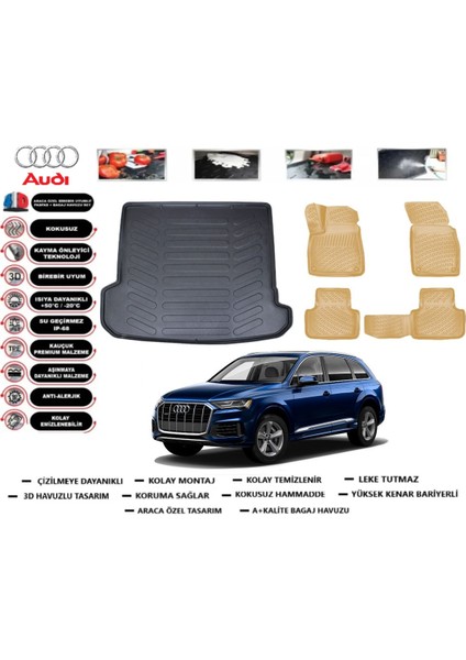 Audi Q7 2025 Model Bagaj Havuzu(Paspası)+Araca Özel Bej Paspas Takımı Flex