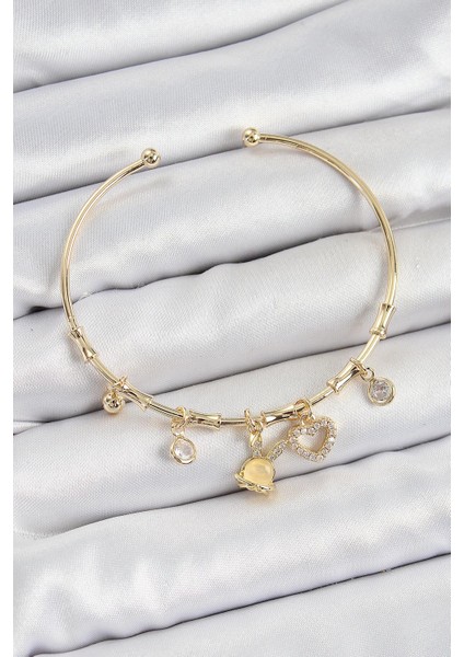 Pirinç Zirkon Taşlı Tavşan ve Kalp Model Gold Renk Charm Bileklik