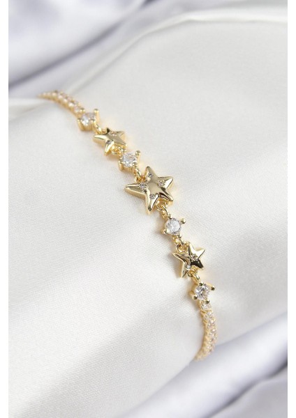 Pirinç Zirkon Taşlı Yıldız Model Gold Renk Kadın Bileklik