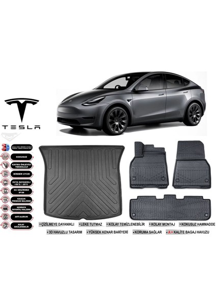 Tesla Model Y 2021 Model Bagaj Havuzu Araca Özel Siyah Extra Havuzlu Paspas Takımı