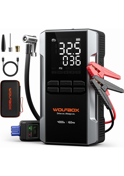 4000A Marş Yardımı, 160 Psı Kompresör 12V Akü Takviyesi 24000MAH Powerbank LED Işık