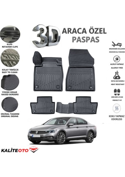 Volkswagen Passat B8 Stw 2021 Model Tam Uyumlu Kokusuz 3D Havuzlu Paspas