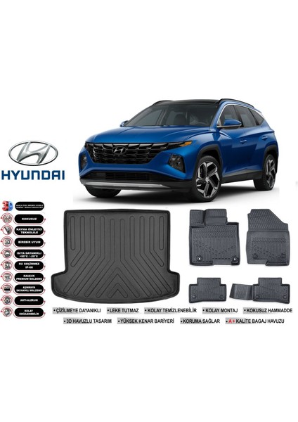 Hyundai Tucson 2023 Model Bagaj Havuzu Araca Özel Siyah Extra Havuzlu Paspas Takımı
