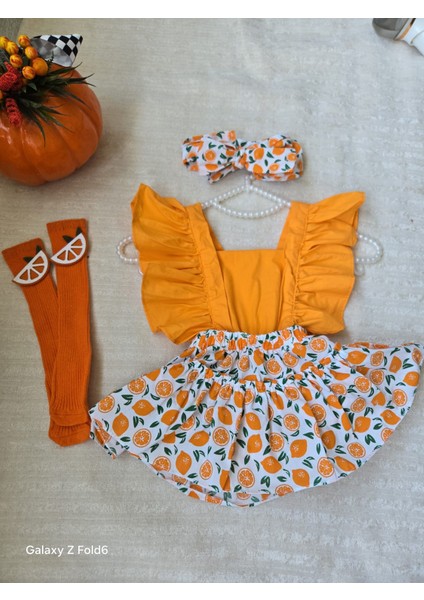 Kız Bebek Turuncu Portakal Slopet Bandana ve Keçeli Çorap 3'lü Set fiyatları