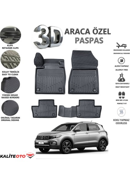 Volkswagen T-Cross 2019 Model ve Sonrası Tam Uyumlu Kokusuz 3D Havuzlu Paspas