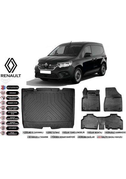 Renault Kangoo 2025 Model Bagaj Havuzu Araca Özel Siyah Extra Havuzlu Paspas Takımı