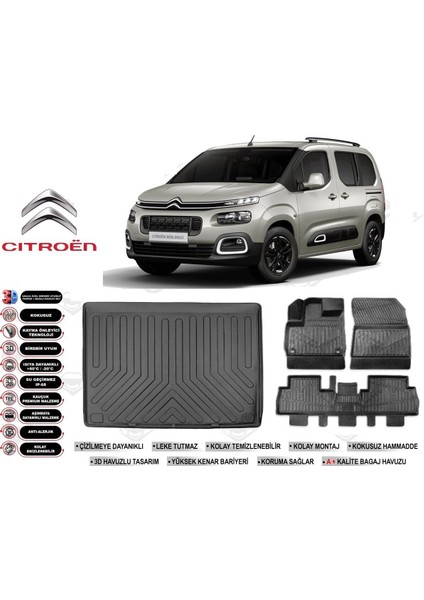 Citroen Berlingo 2025 Model Seperatörlü Bagaj Havuzu Araca Özel Siyah Extra Havuzlu Paspas Takımı
