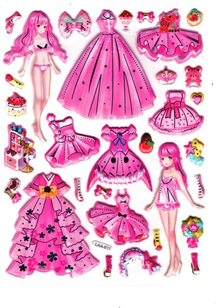 Sticker Kabartmalı Stiker Çıkartma Etiket (LAA611)-14X18 Cm- Pembe Kız Prenses Giydirme