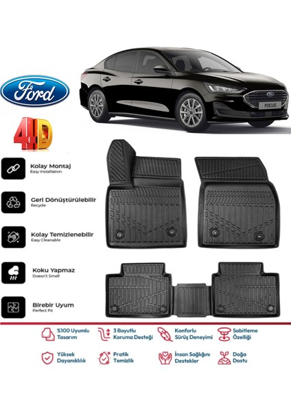 Ford Focus 5 2019 ve Sonrası 4.5d Plus Havuzlu Siyah Paspas Takımı Kauçuk