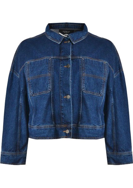 Kadın Büyük Beden Mavi, Düğme Kapama, Cepli Kısa Kot Mont 65N39020