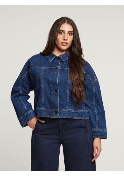 Kadın Büyük Beden Mavi, Düğme Kapama, Cepli Kısa Kot Mont 65N39020 modelleri