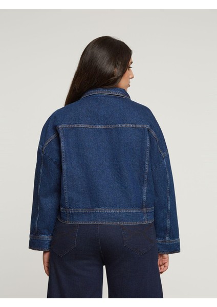 Kadın Büyük Beden Mavi, Düğme Kapama, Cepli Kısa Kot Mont 65N39020 fırsatları