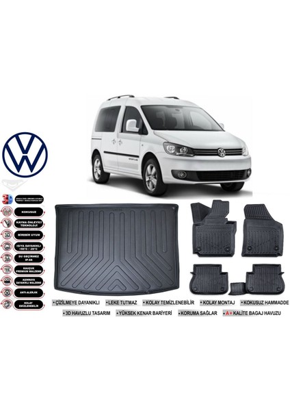 Volkswagen Caddy 2010 Model Bagaj Havuzu Araca Özel Siyah Extra Havuzlu Paspas Takımı