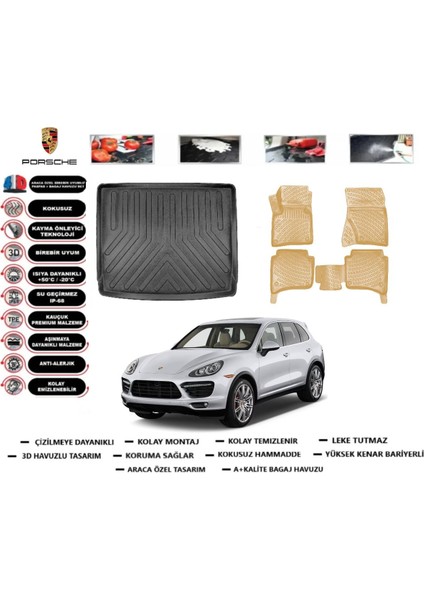 Porsche Cayenne 2017 Model Bagaj Havuzu(Paspası)+Araca Özel Bej Paspas Takımı Flex