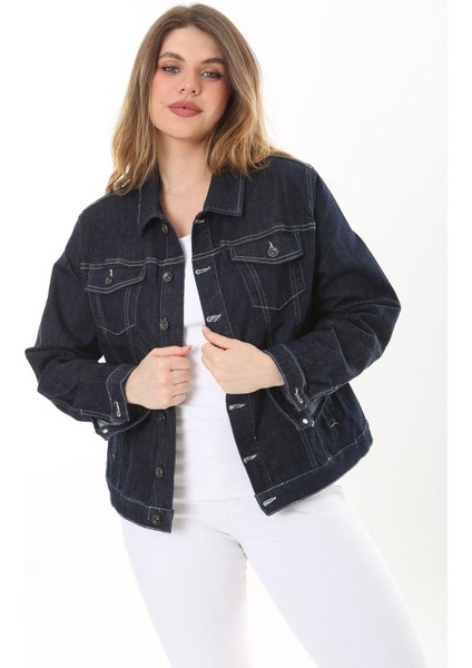 Kadın Büyük Beden Lacivert Ön Düğmeli Likralı Kot Mont 65N37576 fiyatları