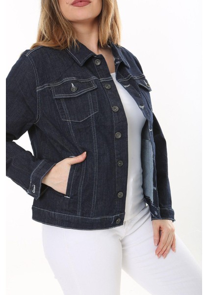 Kadın Büyük Beden Lacivert Ön Düğmeli Likralı Kot Mont 65N37576 fırsatları