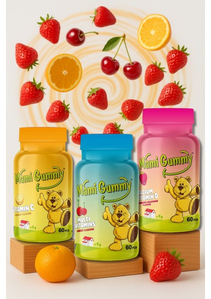 3'lü Set Multivitamin (Vişne) - Kalsiyum & Vitamin D (Çilek) - Vitamin C (Portakal)