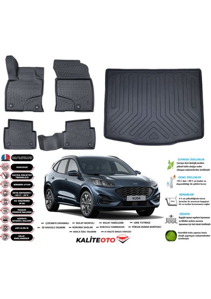 Ford Kuga 2023 Model Esnek Bagaj Havuzu Araca Özel Siyah Paspas Takımı