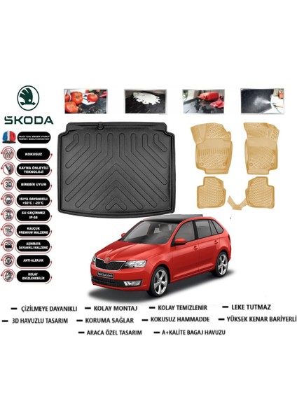 Skoda Rapıd Hb 2015 Model Bagaj Havuzu(Paspası)+Araca Özel Bej Paspas Takımı Flex
