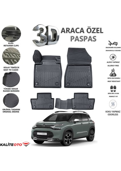 Citroen C3 Aircross 2021 Model Tam Uyumlu Kokusuz 3D Havuzlu Paspas
