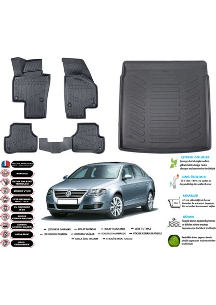 Volkswagen Passat B6 2005-2010 3D Bagaj Havuzu+3d Araca Özel Paspas Takımı Birebir Uyumlu
