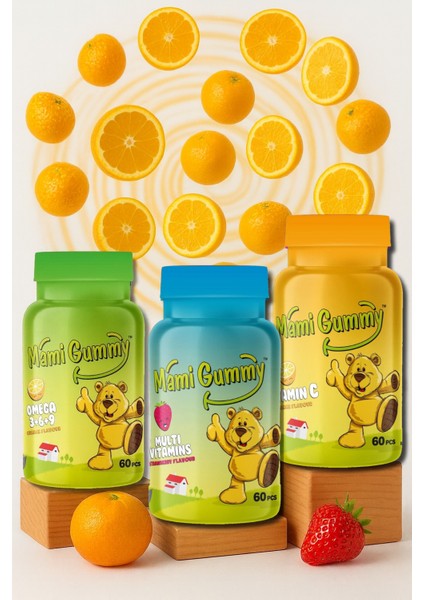 3'lü Set Multivitamin (Çilek) - Omega (3-6-9) (Portakal) - Vitamin C (Portakal)