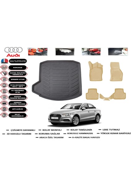 Audi A3 Sedan 2016 Model Bagaj Havuzu(Paspası)+Araca Özel Bej Paspas Takımı Flex